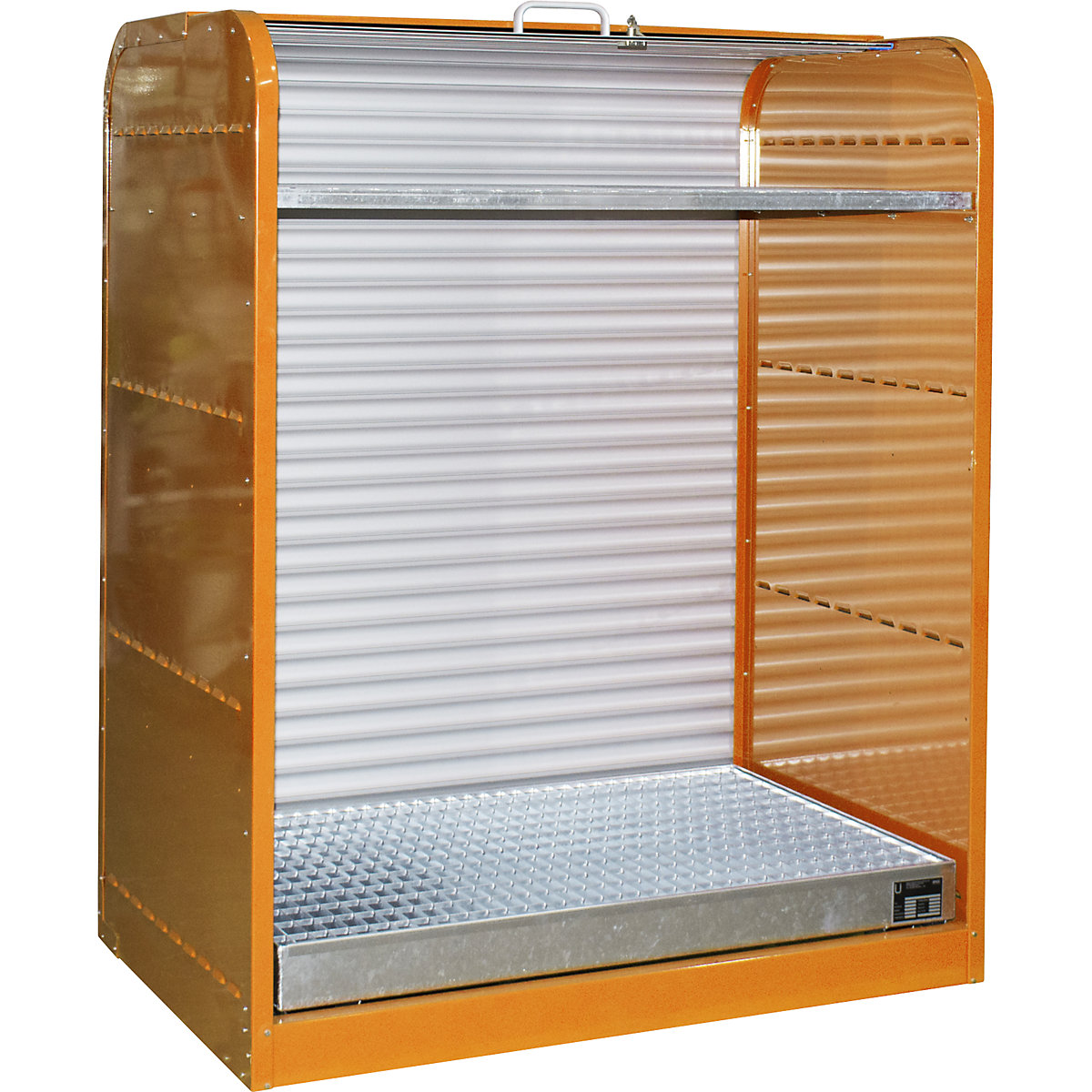Depósito para substâncias perigosas em aço com persiana – eurokraft pro, para 6 bidões de 60 l, 1 fundo em grade, laranja-0