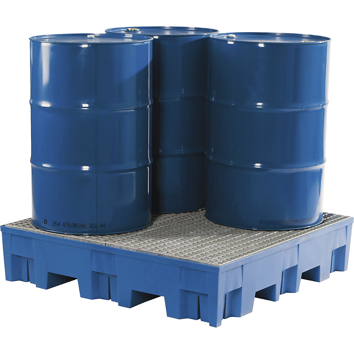Cuba coletora em PE para 4 bidões de 200 l – asecos, CxL 1235 x 1235 mm, volume coletável 255 l, com grade de aço galvanizada-0