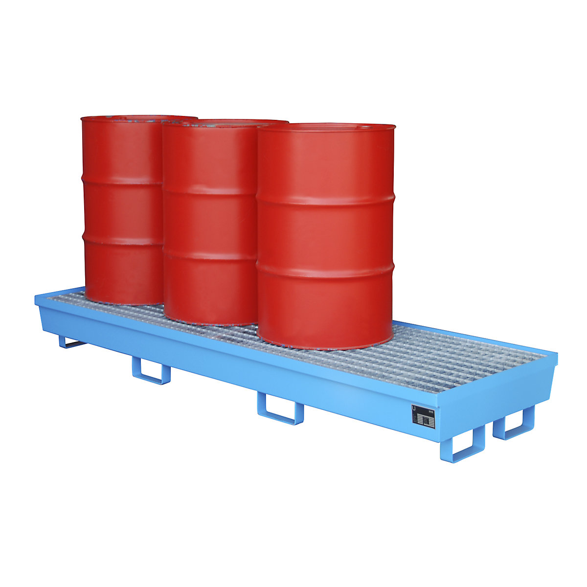 Cuba coletora em aço com perfis laterais – eurokraft pro, para 4 bidões de 200 litros, CxL 2400 x 800 mm, azul RAL 5012-0