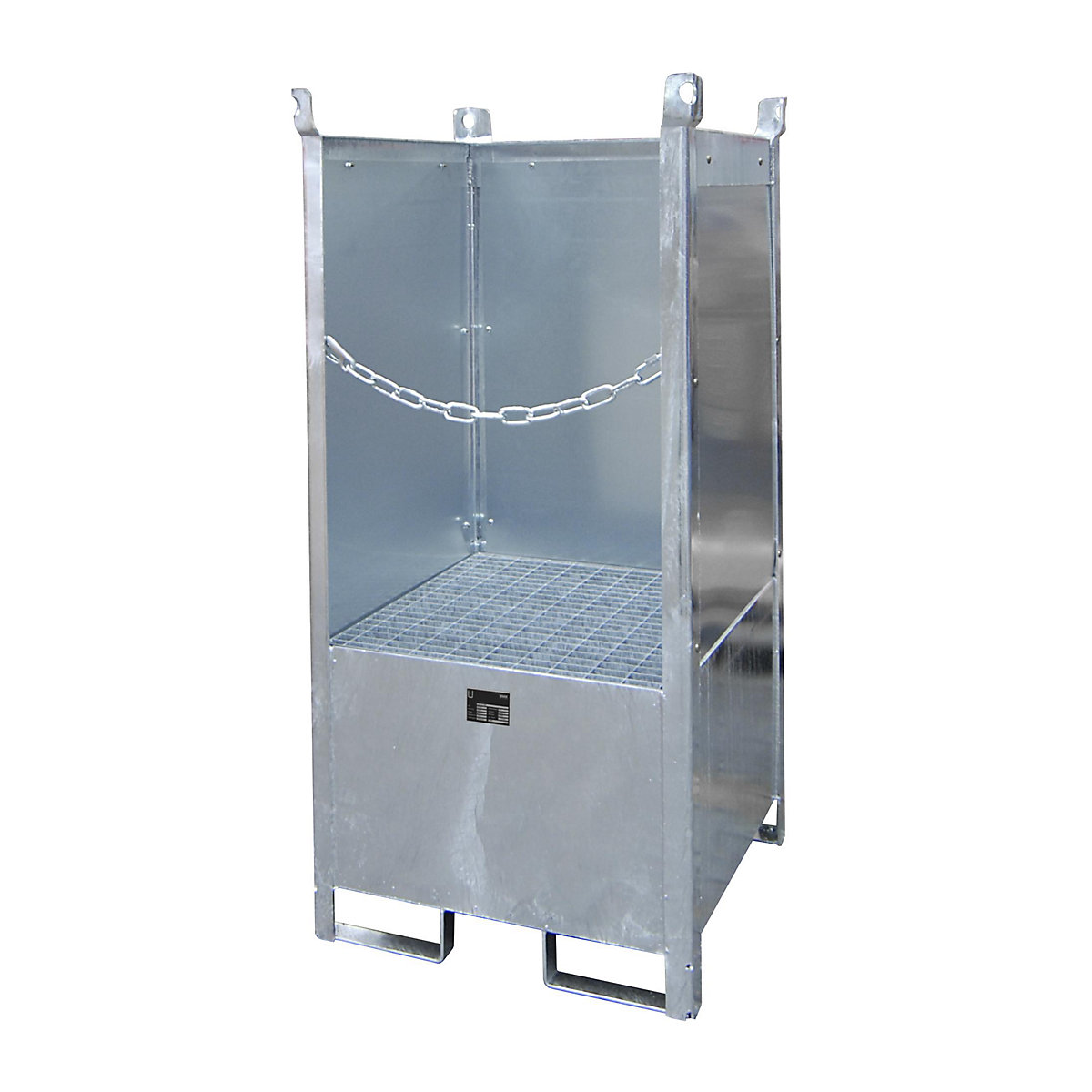 Palete de armazenagem e transporte com cuba coletora – eurokraft pro, com painel traseiro e laterais fechados, empilhável, para 1 bidão, galvanizado-0