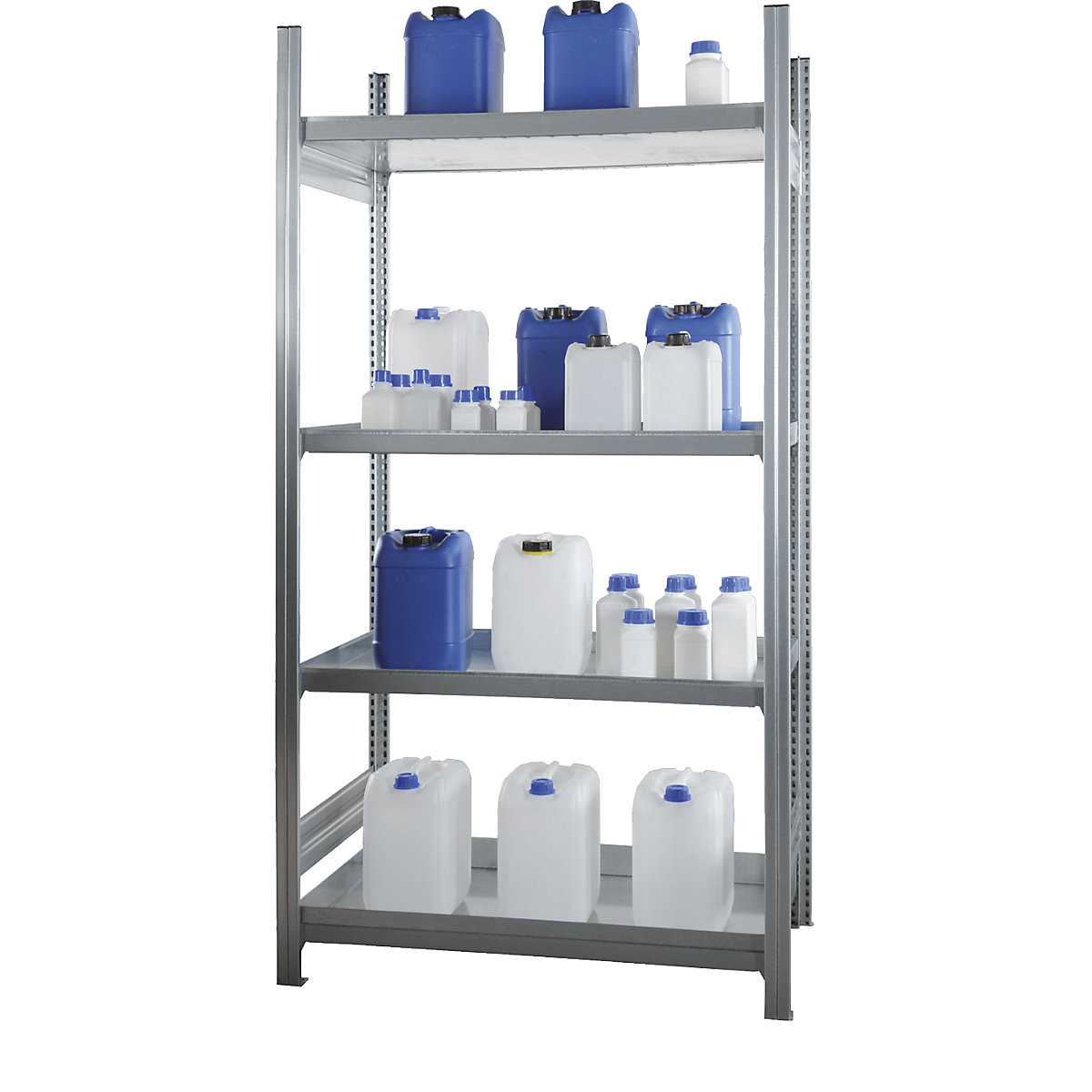 Estante para recipientes pequenos com substâncias contaminantes da água – LaCont, 4 prateleiras em cuba, largura da estante 1300 mm, estante base-0