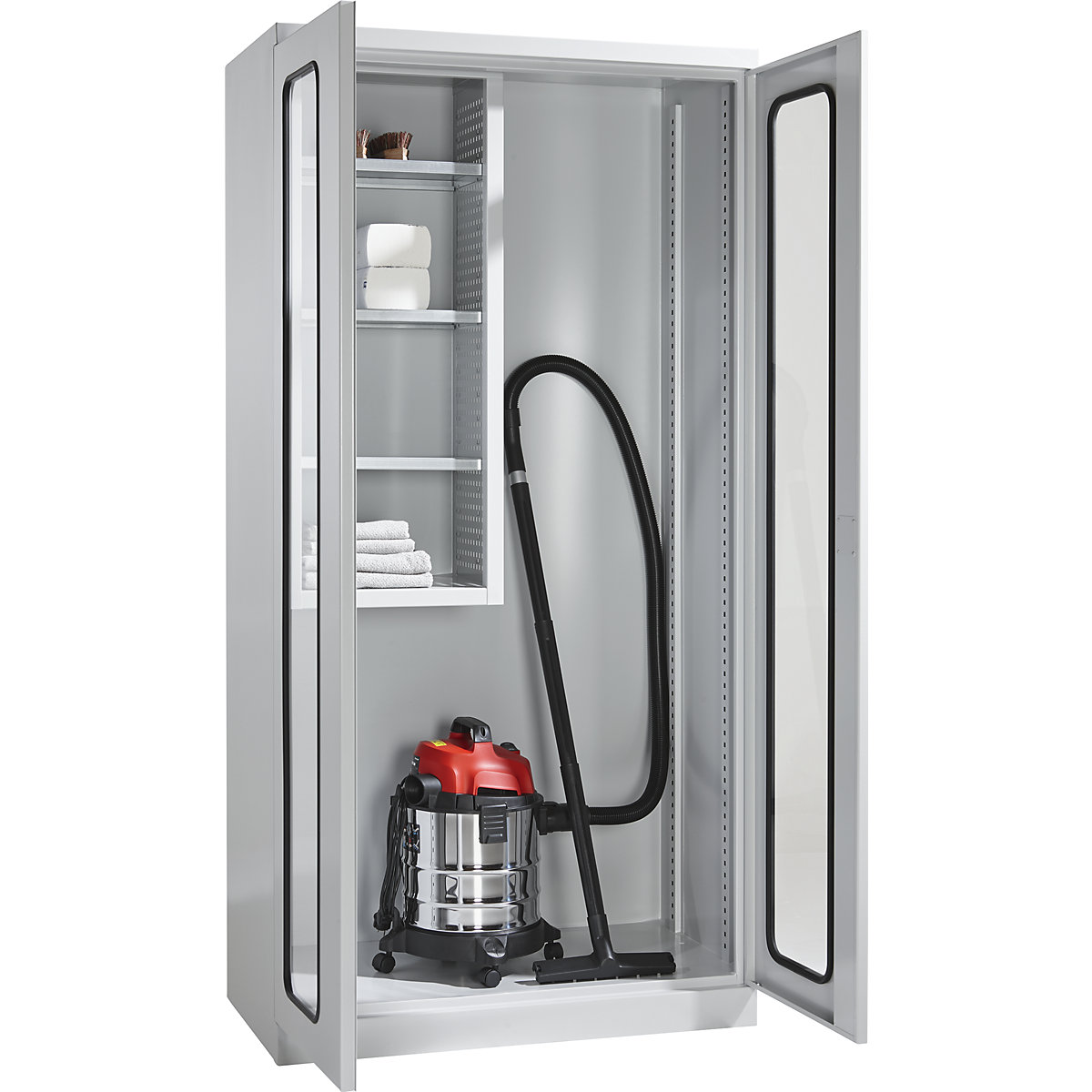 Armoire de ménage, largeur 1000 mm, portes vitrées/1 boîte de stockage, gris clair-0