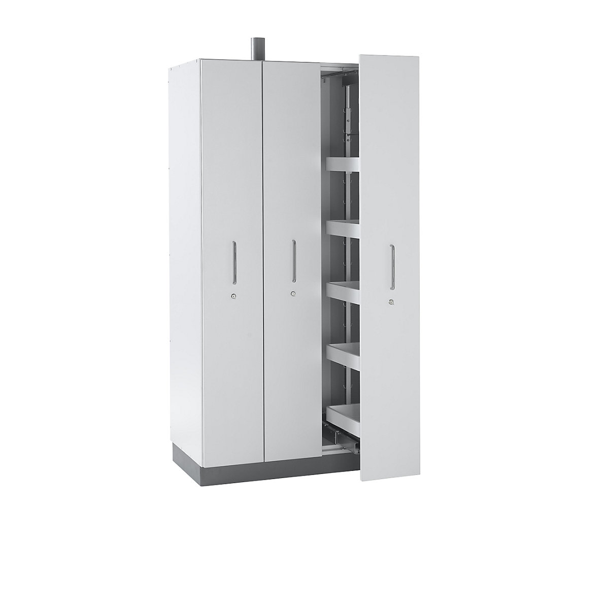 Armoire de laboratoire à panneaux coulissants, avec raccord d'évacuation d'air, 3 tiroirs, avec 6 tablettes de rétention chacune-0