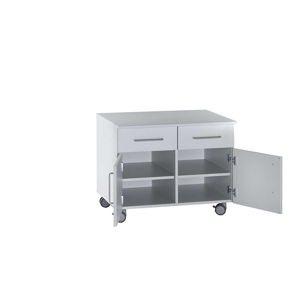 Caisson bas de laboratoire, 2 tiroirs, 2 portes, 2 tablettes, 1 cloison médiane, largeur 1136 mm-1