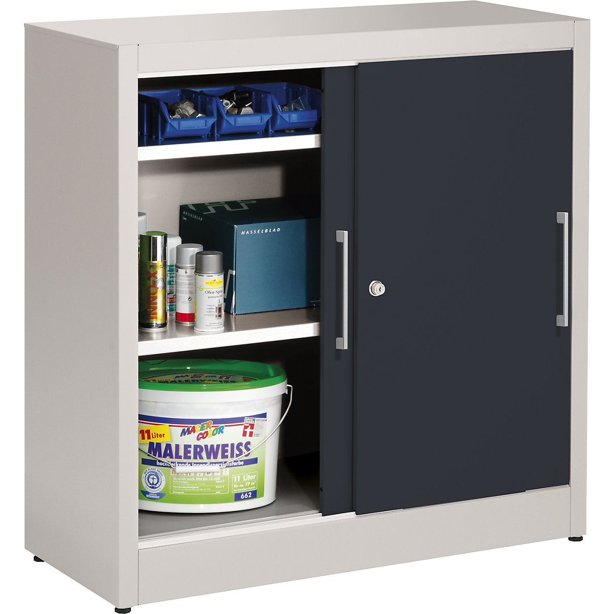 Armoire à portes coulissantes, hauteur 1000 mm – eurokraft pro, avec 2 tablettes, profondeur 420 mm, portes anthracite RAL 7016-0