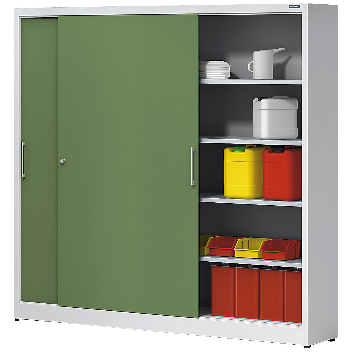 Armoire à portes coulissantes, hauteur 1950 mm – eurokraft pro, avec cloison médiane et 2 x 4 tablettes, largeur 2000 mm, profondeur 420 mm, portes vert réséda RAL 6011-0