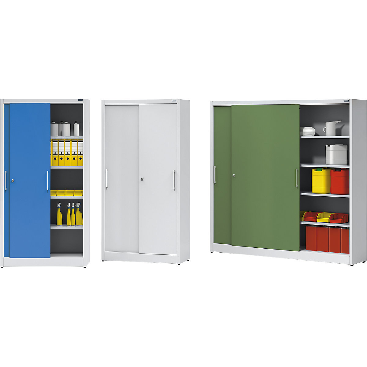 Armoire à portes coulissantes, hauteur 1950 mm – eurokraft pro, avec cloison médiane et 2 x 4 tablettes, largeur 2000 mm, profondeur 420 mm, portes bleu clair RAL 5012-1