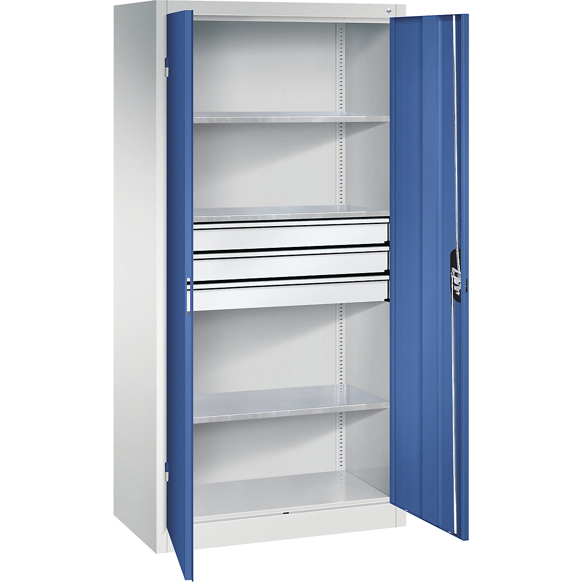 Armoire d'atelier à portes battantes avec tiroirs – C+P, l x p 930 x 500 mm, 3 tablettes, gris clair / bleu gentiane-0