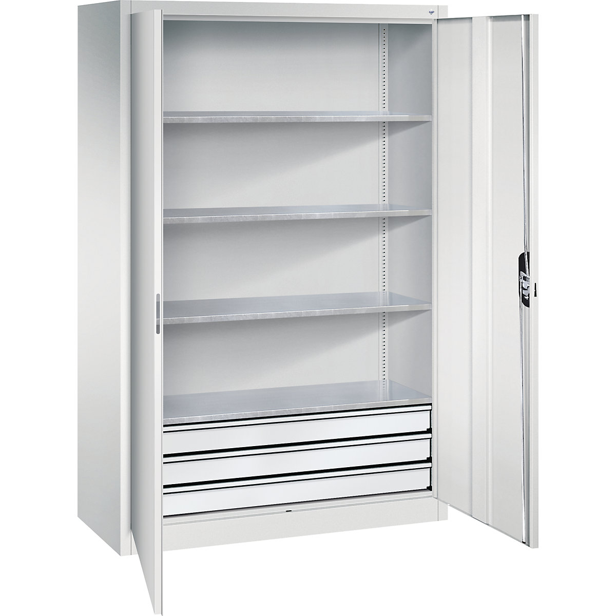 Armoire d'atelier à portes battantes avec tiroirs – C+P, l x p 1200 x 600 mm, 4 tablettes, gris clair / gris clair-0