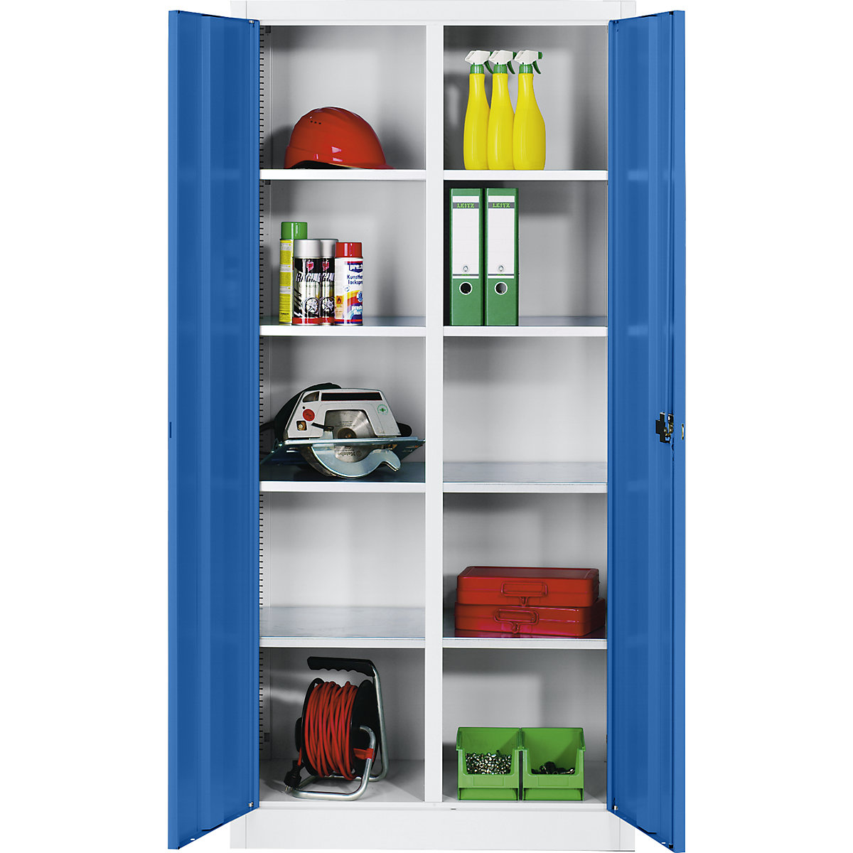 Armoire d'atelier en tôle d'acier – C+P, 8 tablettes, h x l x p 1950 x 930 x 500 mm, porte bleu gentiane, corps gris clair-0