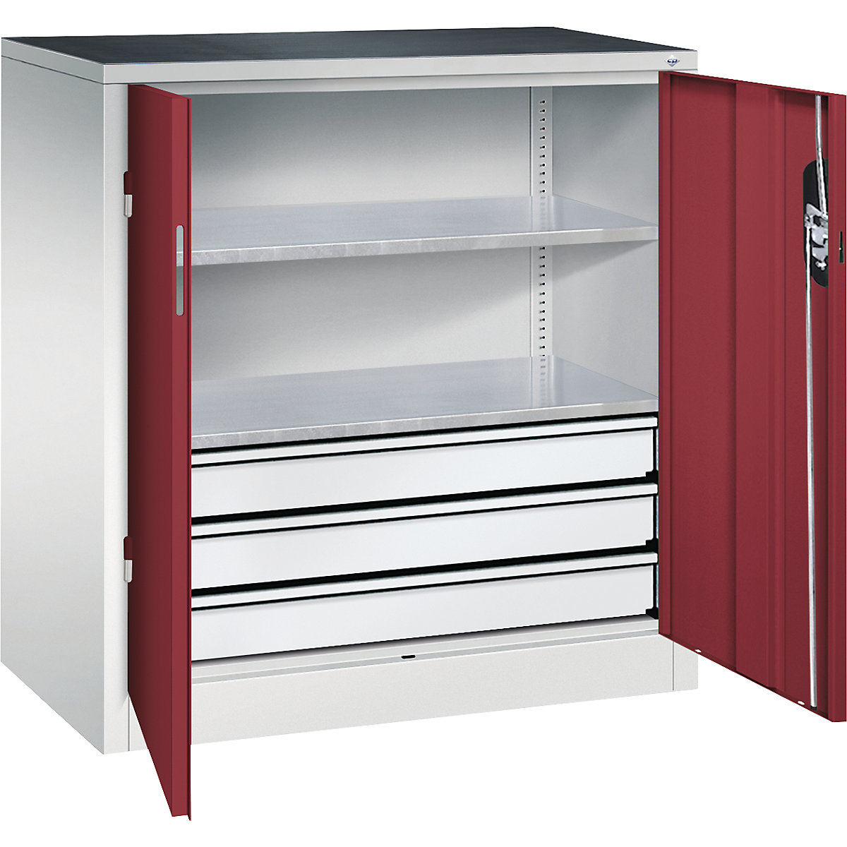 Armoire d'atelier hauteur bureau avec portes battantes et tiroirs – C+P, h x l x p 1000 x 930 x 500 mm, gris clair / rouge rubis-0