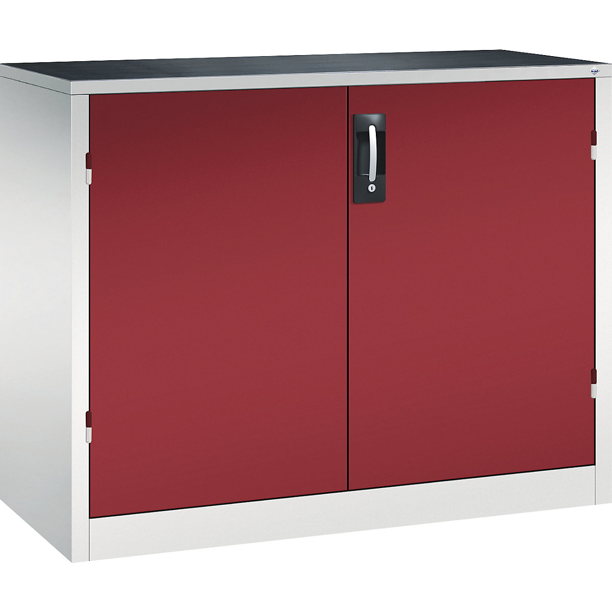 Armoire d'atelier hauteur bureau avec portes battantes et tiroirs – C+P, h x l x p 1000 x 1200 x 500 mm, gris clair / rouge rubis-0