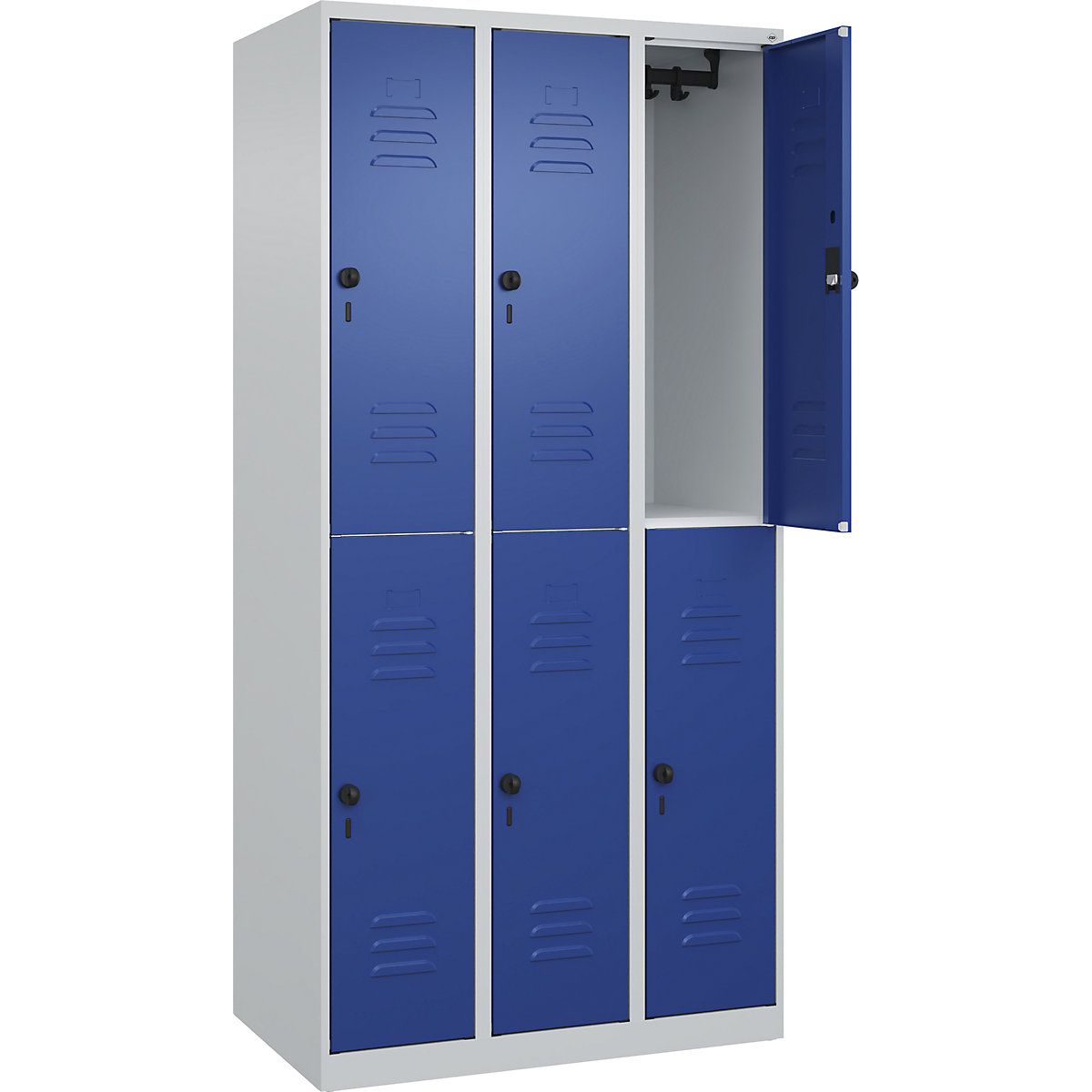 Vestiaire à deux étages Classic PLUS – C+P, 3 compartiments, gris clair / bleu gentiane, h x l 1850 x 900 mm, avec patins, loqueteau-0