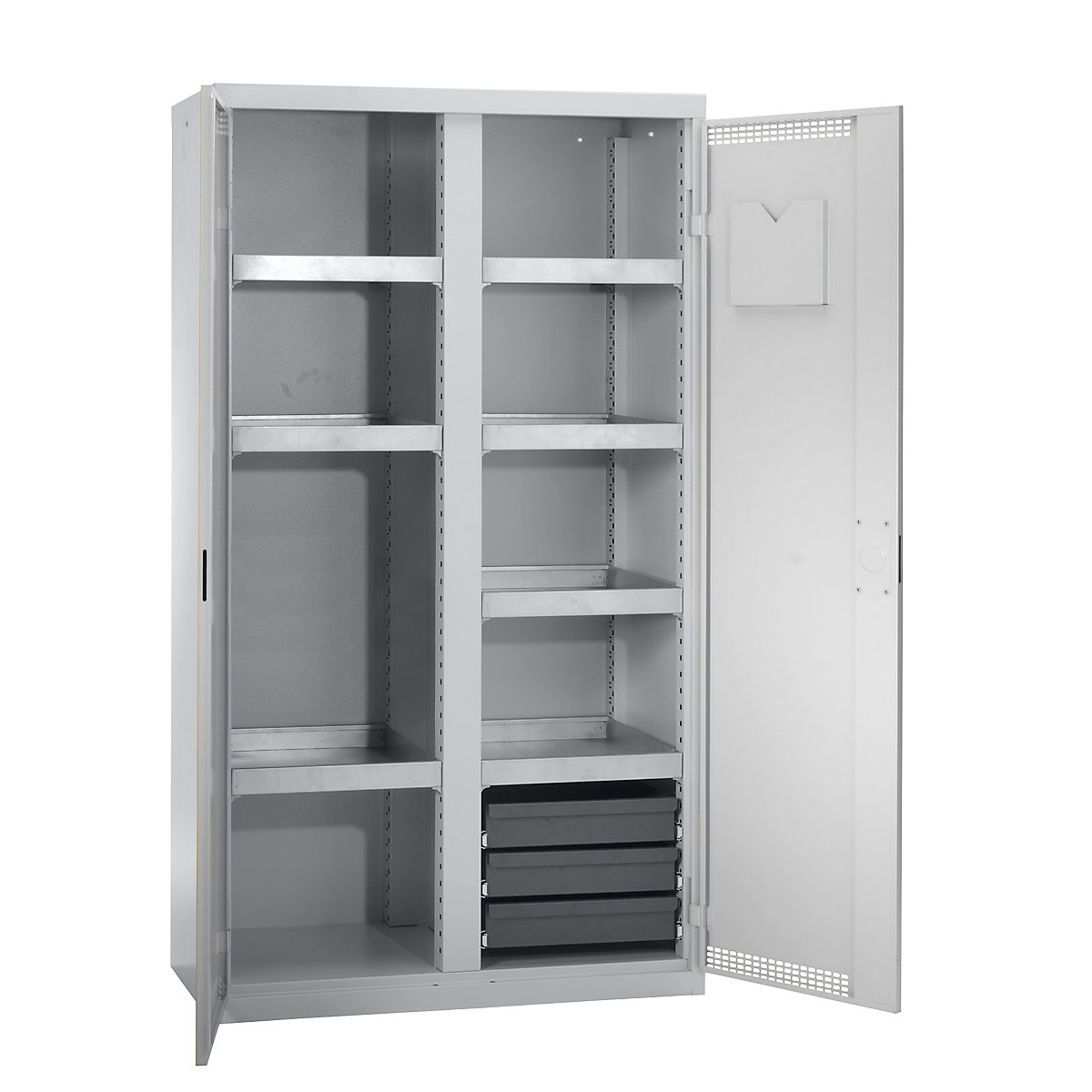 Armoire de sécurité à portes perforées, h x l x p 1800 x 1000 x 500 mm, 7 tablettes de rétention, gris clair / gris clair-0