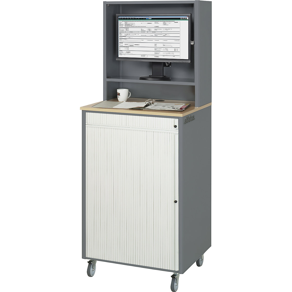 Poste informatique – RAU, h x l x p 1810 x 720 x 660 mm, avec compartiment pour écran, mobile, anthracite métallisé / bleu gentiane-0