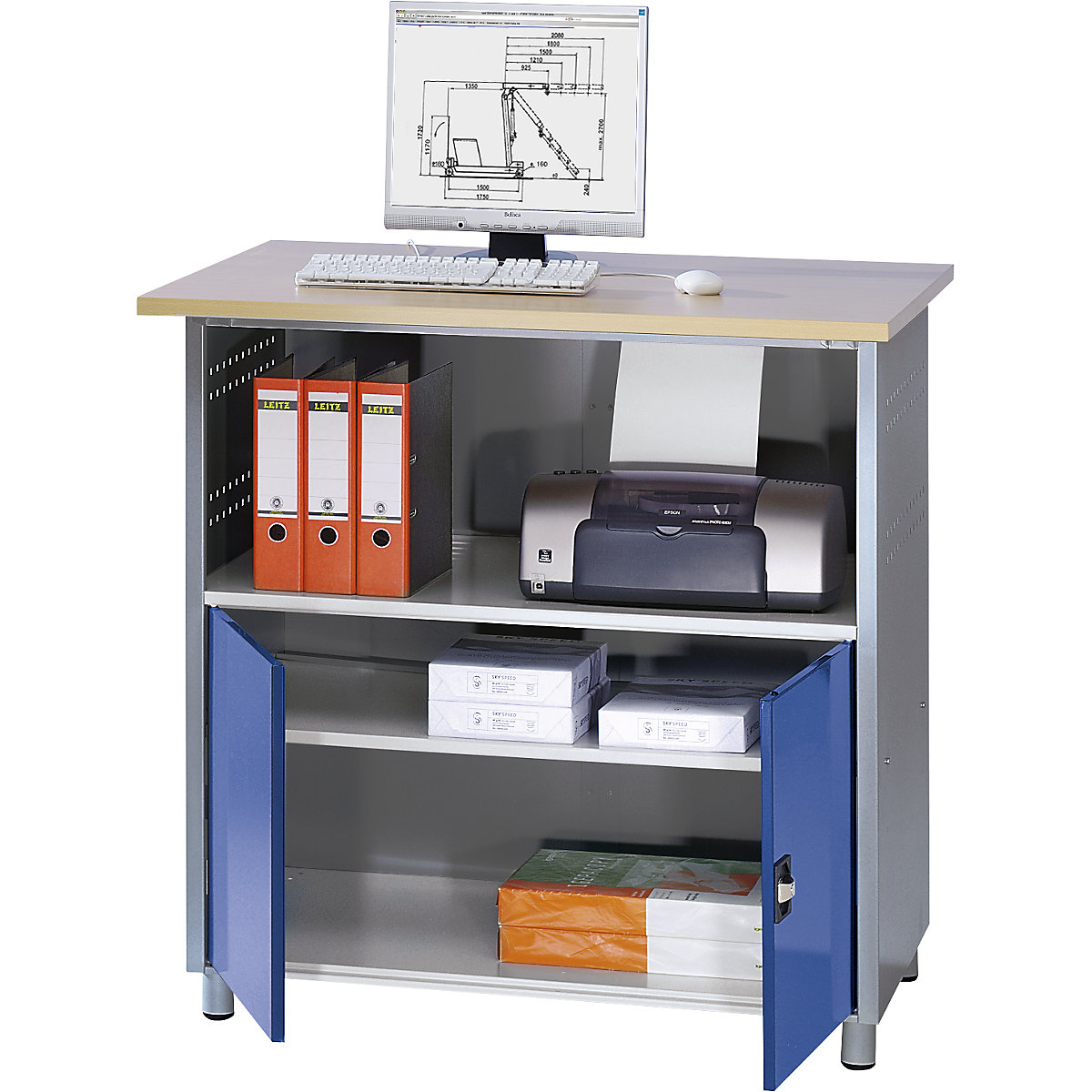 Poste informatique – RAU, avec tablette sur toute la largeur, anthracite métallisé / bleu gentiane RAL 5010-0