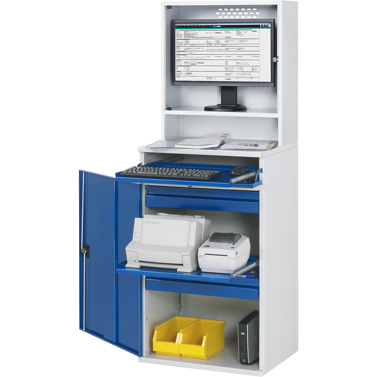 Poste multi-usages – RAU, compartiment pour écran, 1 tablette coulissante, 2 tiroirs, largeur 650 mm, gris clair / bleu gentiane-0