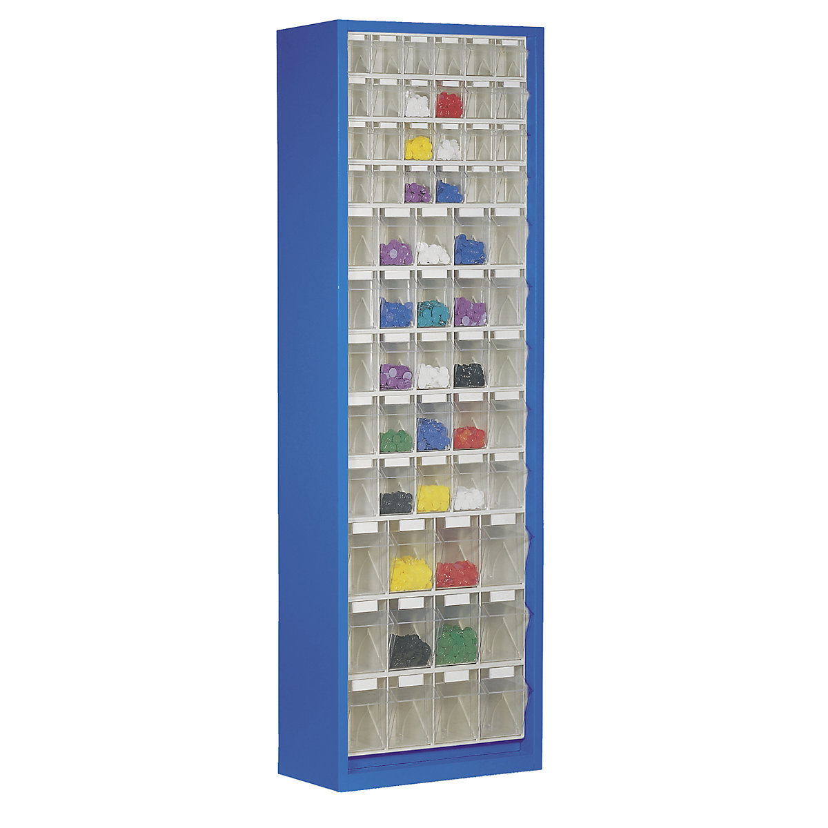 Armoire à bacs en tôle d'acier, avec 61 bacs pivotants transparents, bleu gentiane