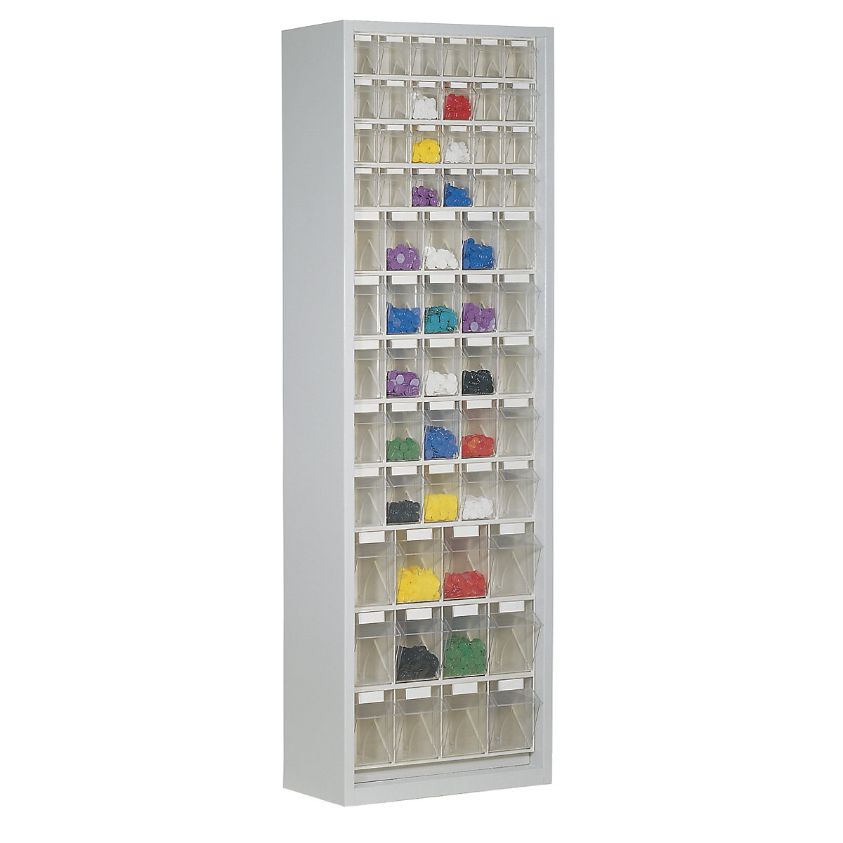 Armoire à bacs en tôle d'acier, avec 61 bacs pivotants transparents, gris clair