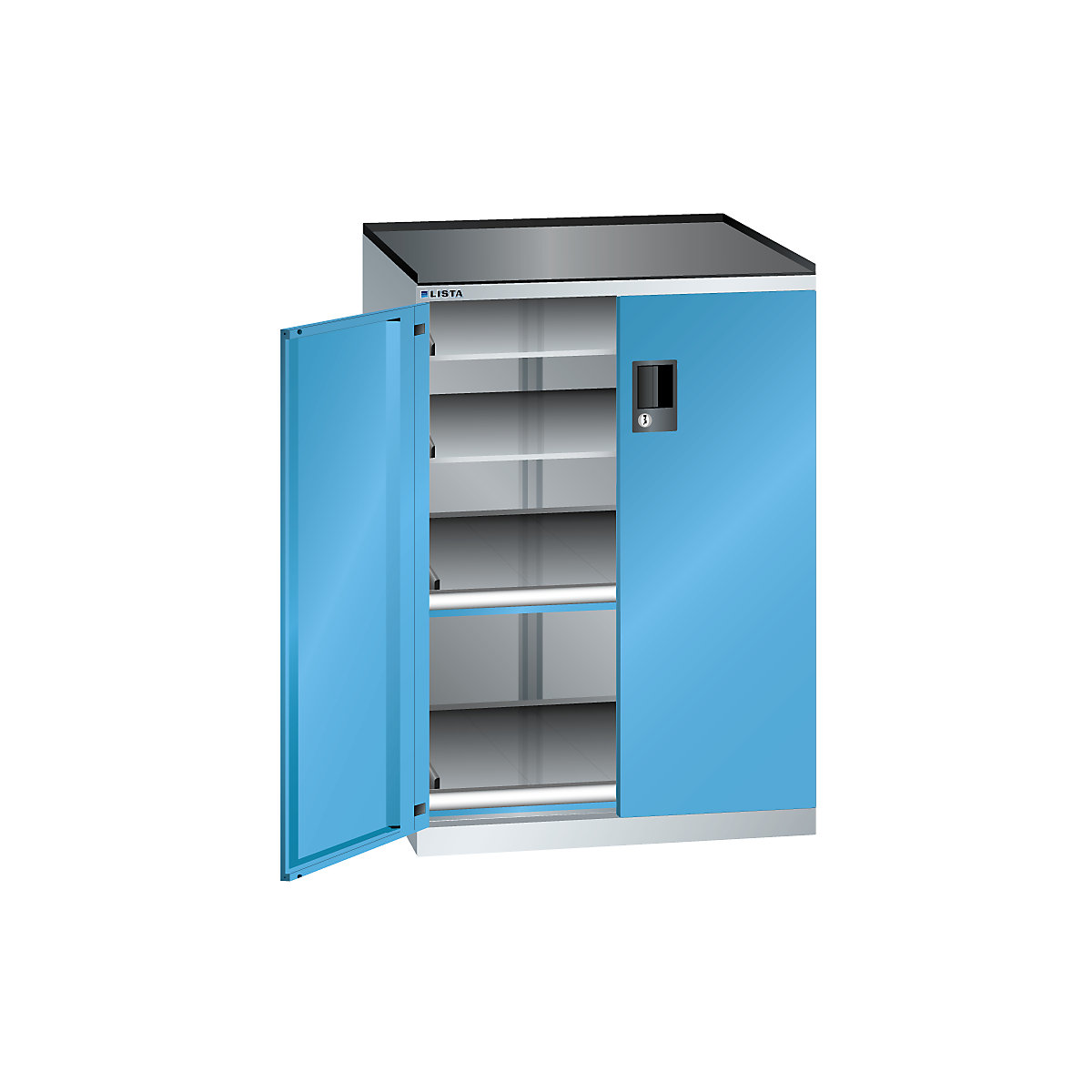 Armoire à tiroirs à portes battantes – LISTA, hauteur 1020 mm, 4 tablettes, charge max. 200 kg, bleu clair-1