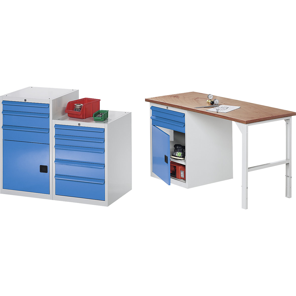 Armoire à tiroirs, l x p 600 x 600 mm, hauteur 800 mm, 4 tiroirs, gris clair / bleu clair-9