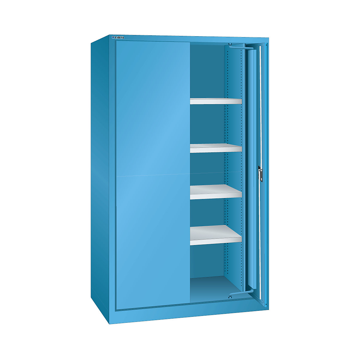 Armoire à porte escamotable pour charges lourdes – LISTA, 4 tablettes, avec portes en tôle pleine, bleu clair-8