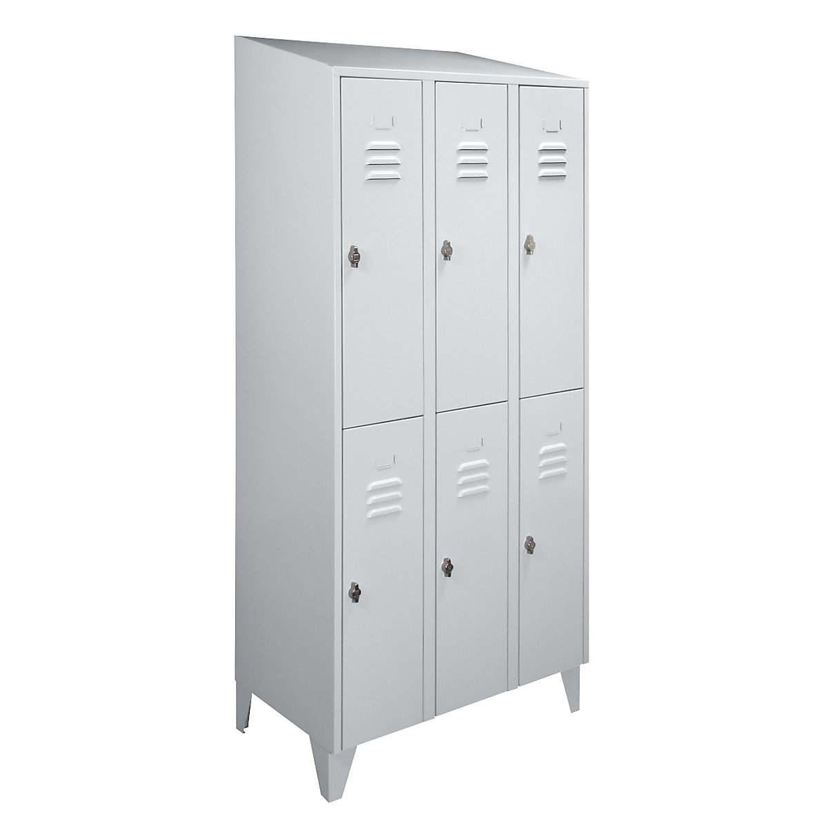 Wolf – Vestiaire à toit incliné, compartiments mi-hauteur, largeur h.t. 900 mm, 6 compartiments, coloris gris clair RAL 7035