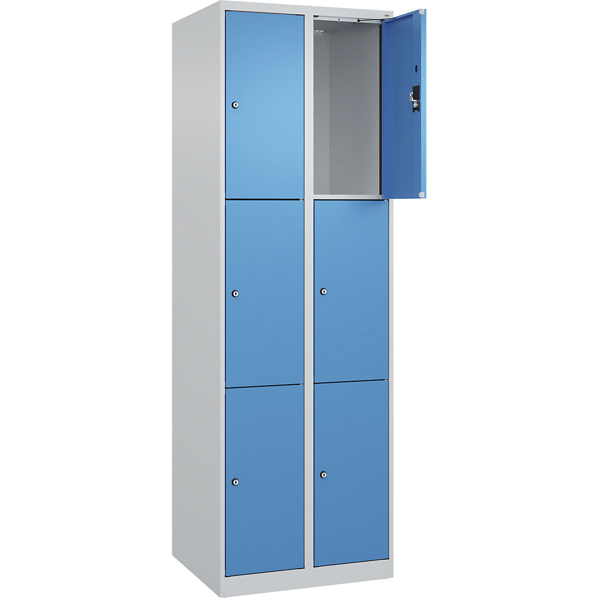 Armadietto a 3 piani Evolo PLUS, 2 scomparti, grigio chiaro / blu chiaro, largh. 600 mm, 6 vani, con piedini a pavimento, serratura a cilindro-0