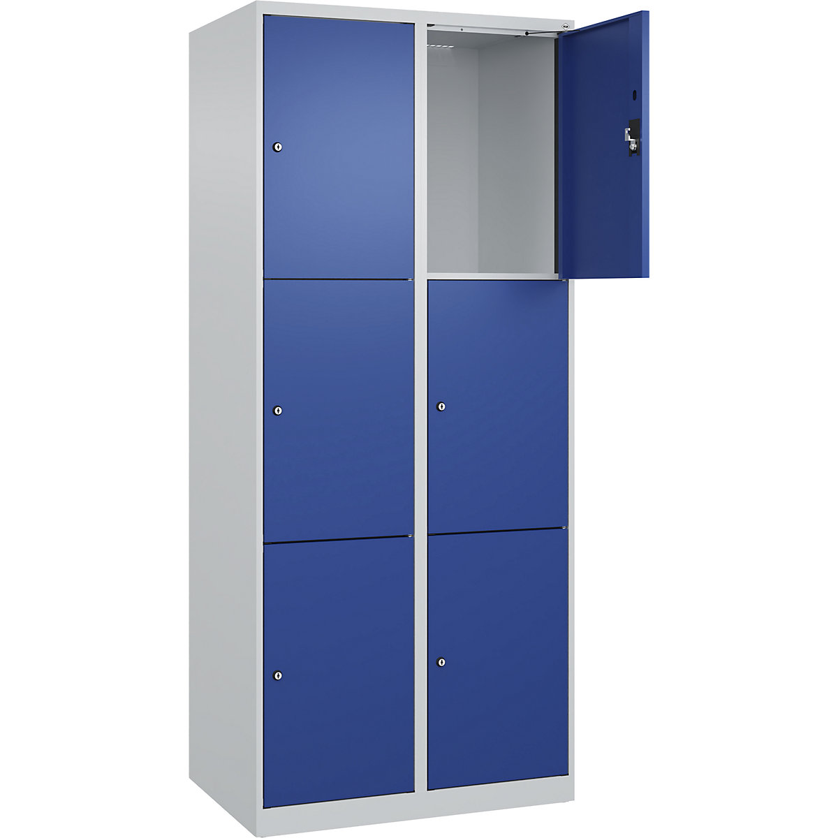 Armadietto a 3 piani Evolo PLUS, 2 scomparti, grigio chiaro / blu genziana, largh. 800 mm, 6 vani, con piedini a pavimento, serratura a cilindro-0