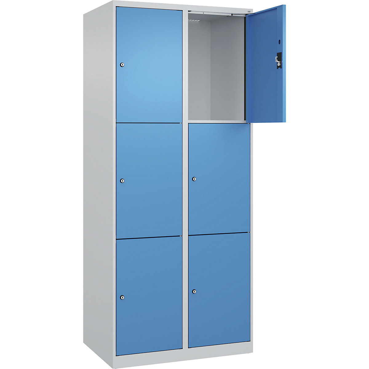 Armadietto a 3 piani Evolo PLUS, 2 scomparti, grigio chiaro / blu chiaro, largh. 800 mm, 6 vani, con piedini a pavimento, serratura a cilindro-0