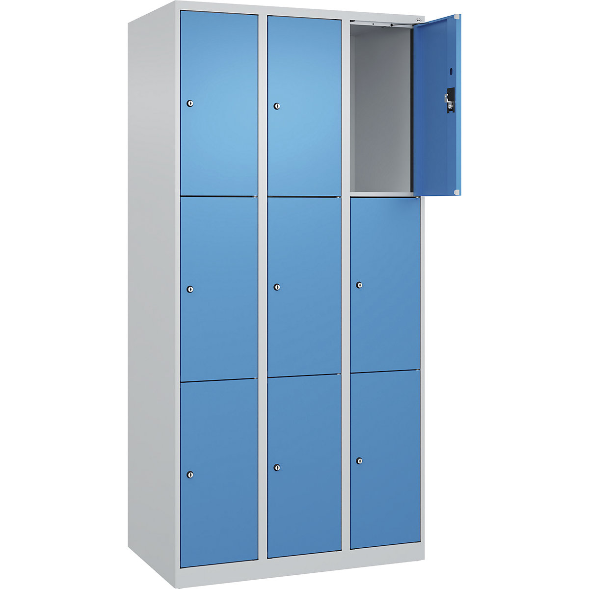 Armadietto a 3 piani Evolo PLUS, 3 scomparti, grigio chiaro / blu chiaro, largh. 900 mm, 9 vani, con piedini a pavimento, serratura a cilindro-0
