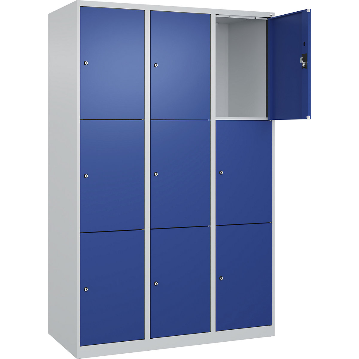 Armadietto a 3 piani Evolo PLUS, 3 scomparti, grigio chiaro / blu genziana, largh. 1200 mm, 9 vani, con piedini a pavimento, serratura a cilindro-0