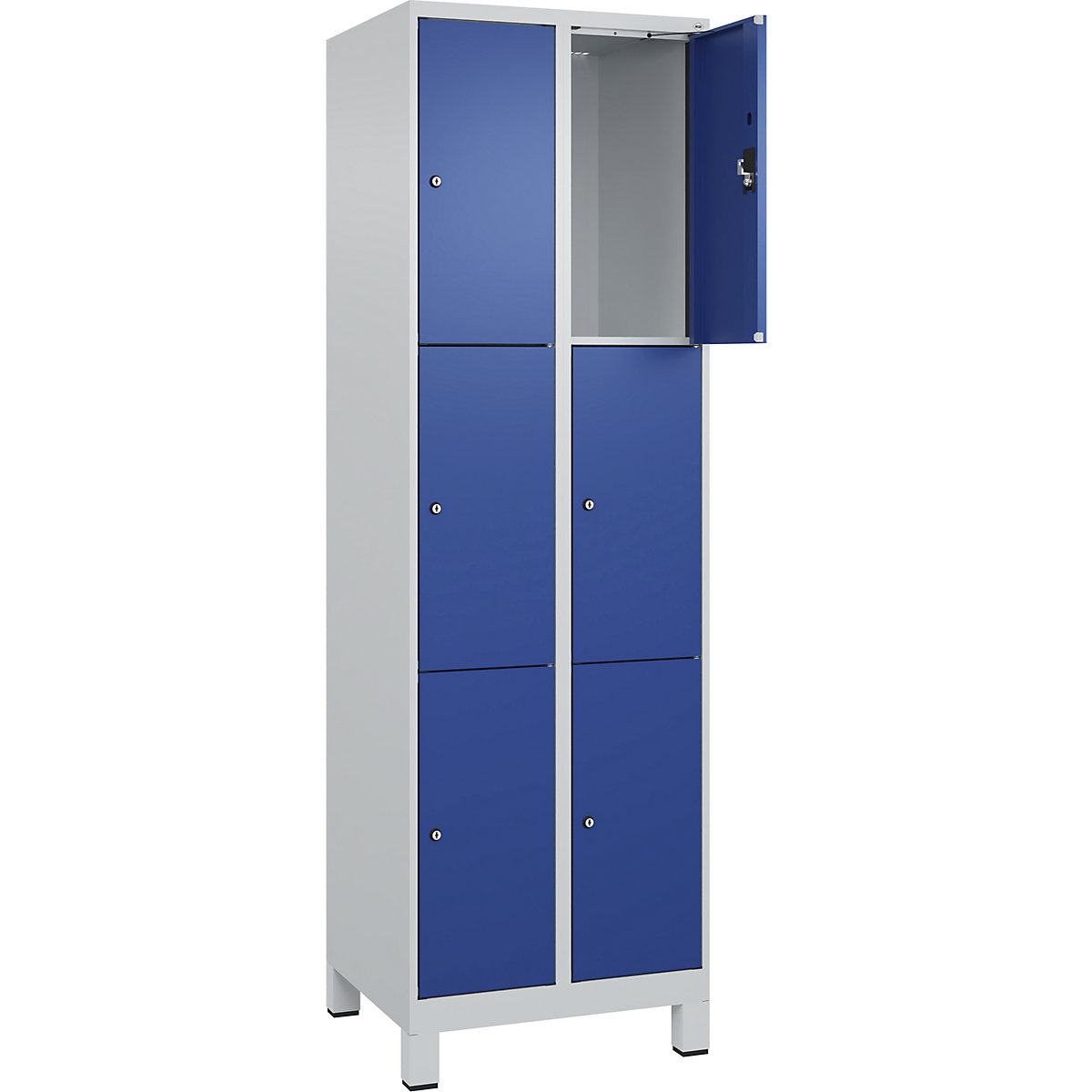 Armadietto a 3 piani Evolo PLUS, 2 scomparti, grigio chiaro / blu genziana, largh. 600 mm, 6 vani, con piedini larghi, serratura a cilindro-0