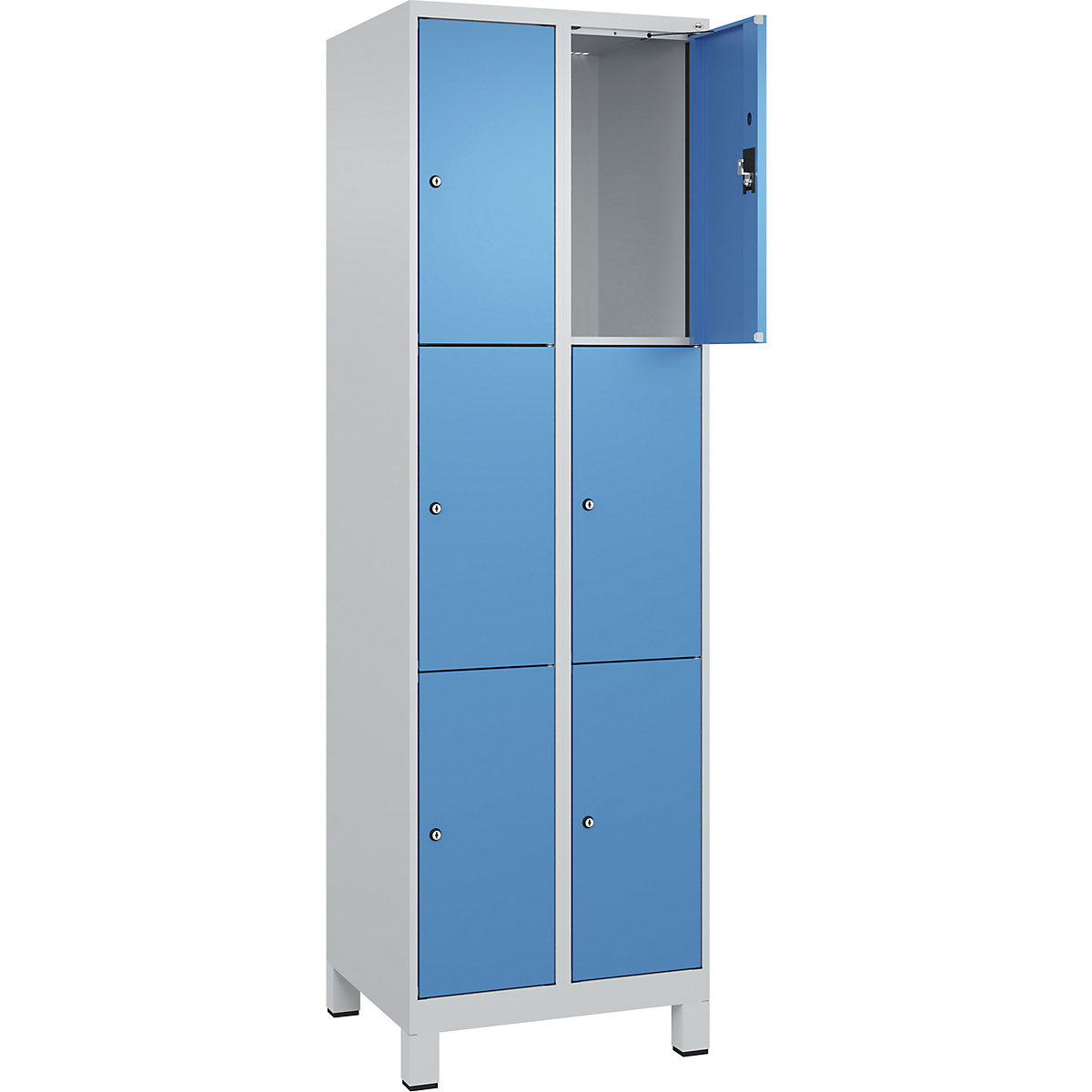 Armadietto a 3 piani Evolo PLUS, 2 scomparti, grigio chiaro / blu chiaro, largh. 600 mm, 6 vani, con piedini larghi, serratura a cilindro-0