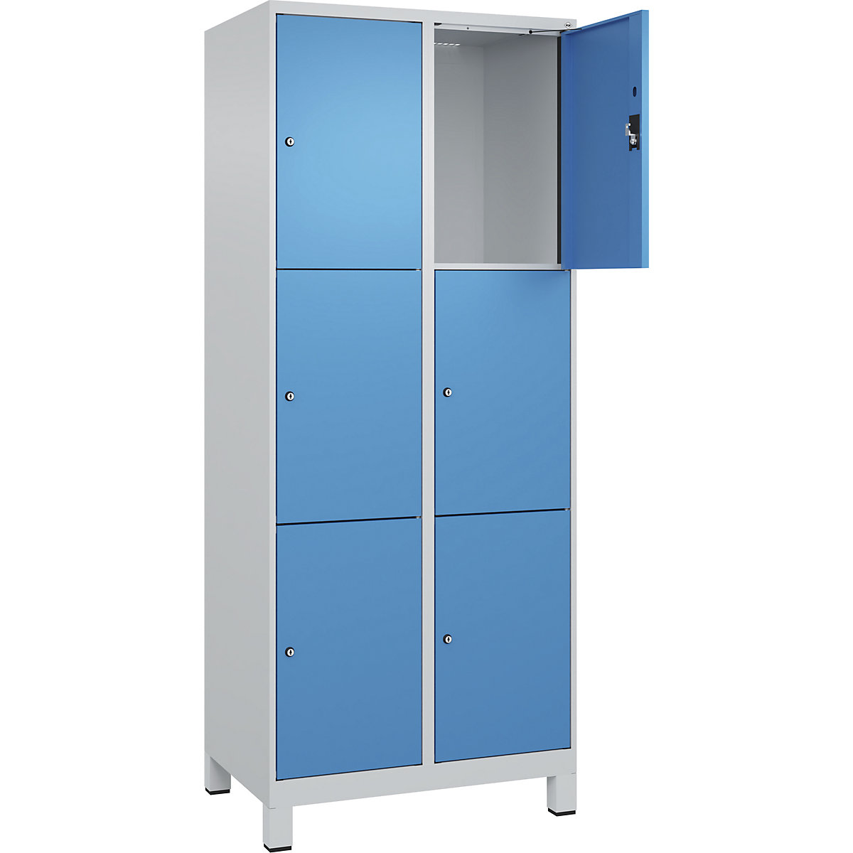 Armadietto a 3 piani Evolo PLUS, 2 scomparti, grigio chiaro / blu chiaro, largh. 800 mm, 6 vani, con piedini larghi, serratura a cilindro-0