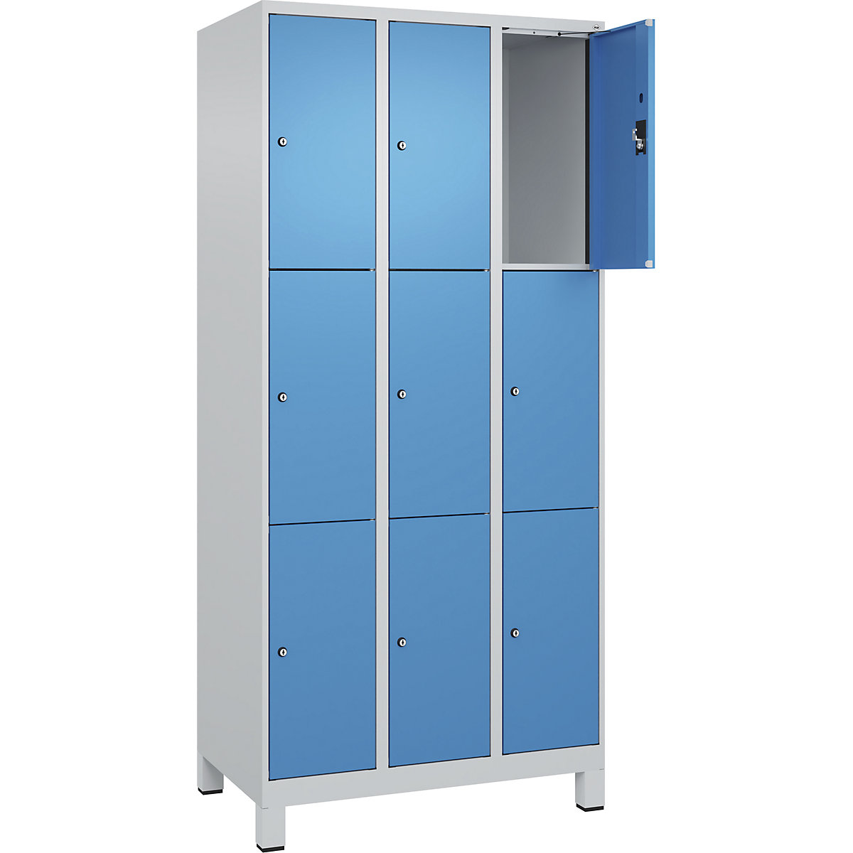Armadietto a 3 piani Evolo PLUS, 3 scomparti, grigio chiaro / blu chiaro, largh. 900 mm, 9 vani, con piedini larghi, serratura a cilindro-0