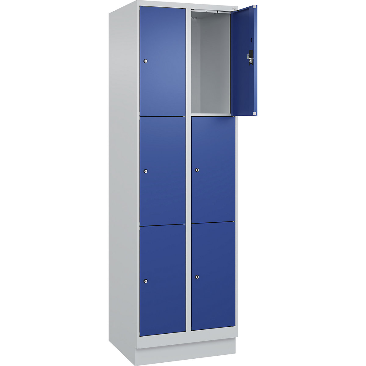 Armadietto a 3 piani Evolo PLUS, 2 scomparti, grigio chiaro / blu genziana, largh. 600 mm, 6 vani, con zoccolino, serratura a cilindro-0