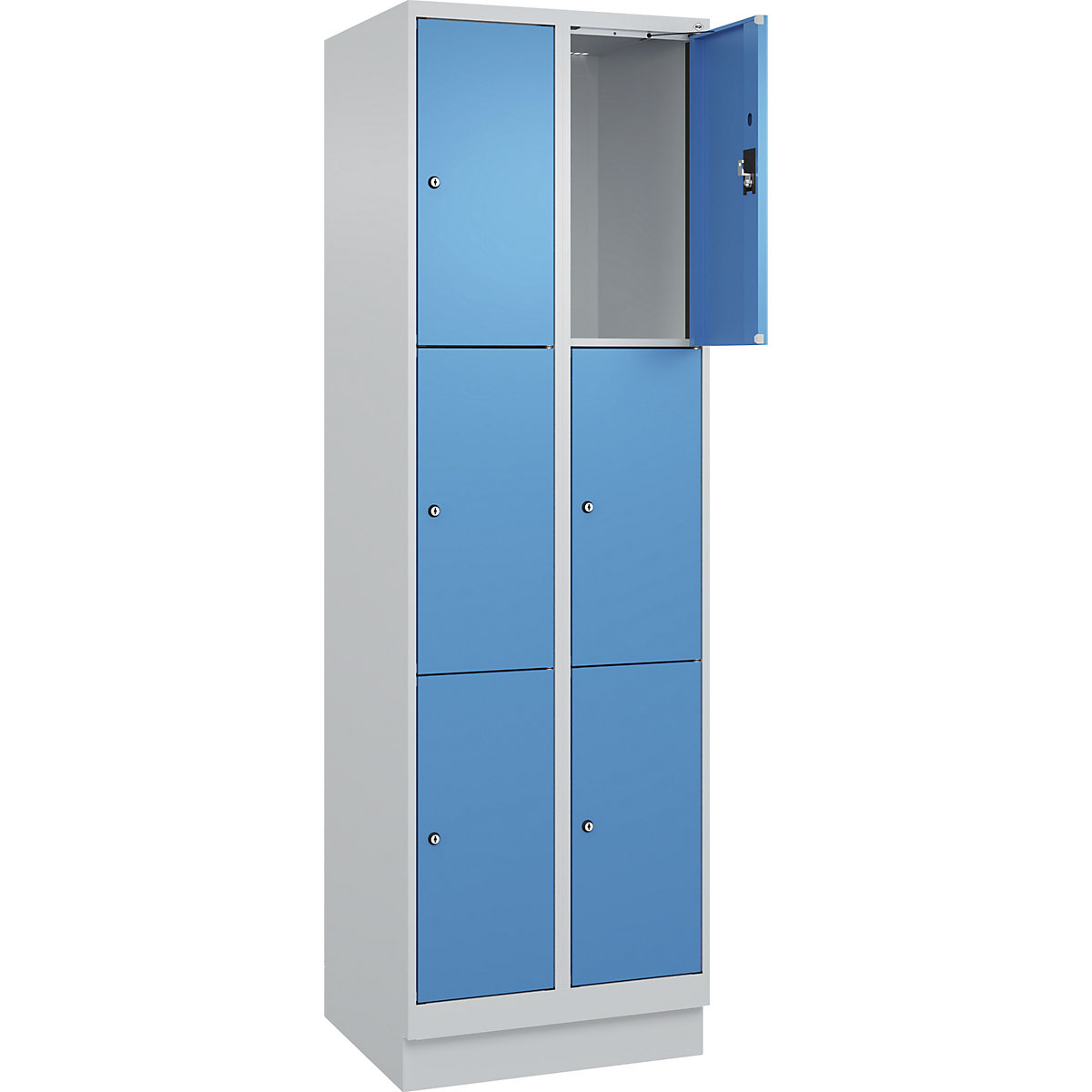 Armadietto a 3 piani Evolo PLUS, 2 scomparti, grigio chiaro / blu chiaro, largh. 600 mm, 6 vani, con zoccolino, serratura a cilindro-0