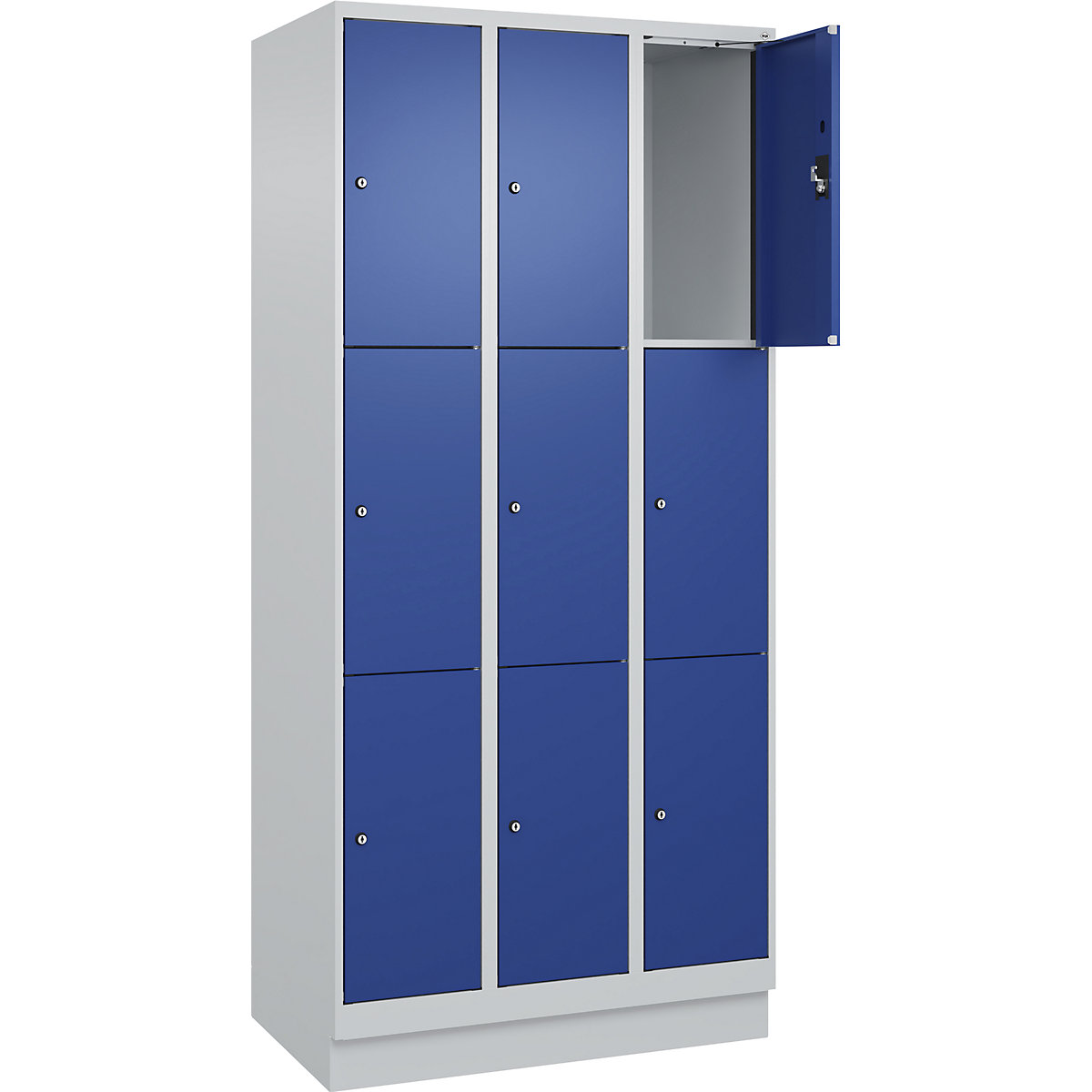 Armadietto a 3 piani Evolo PLUS, 3 scomparti, grigio chiaro / blu genziana, largh. 900 mm, 9 vani, con zoccolino, serratura a cilindro-0
