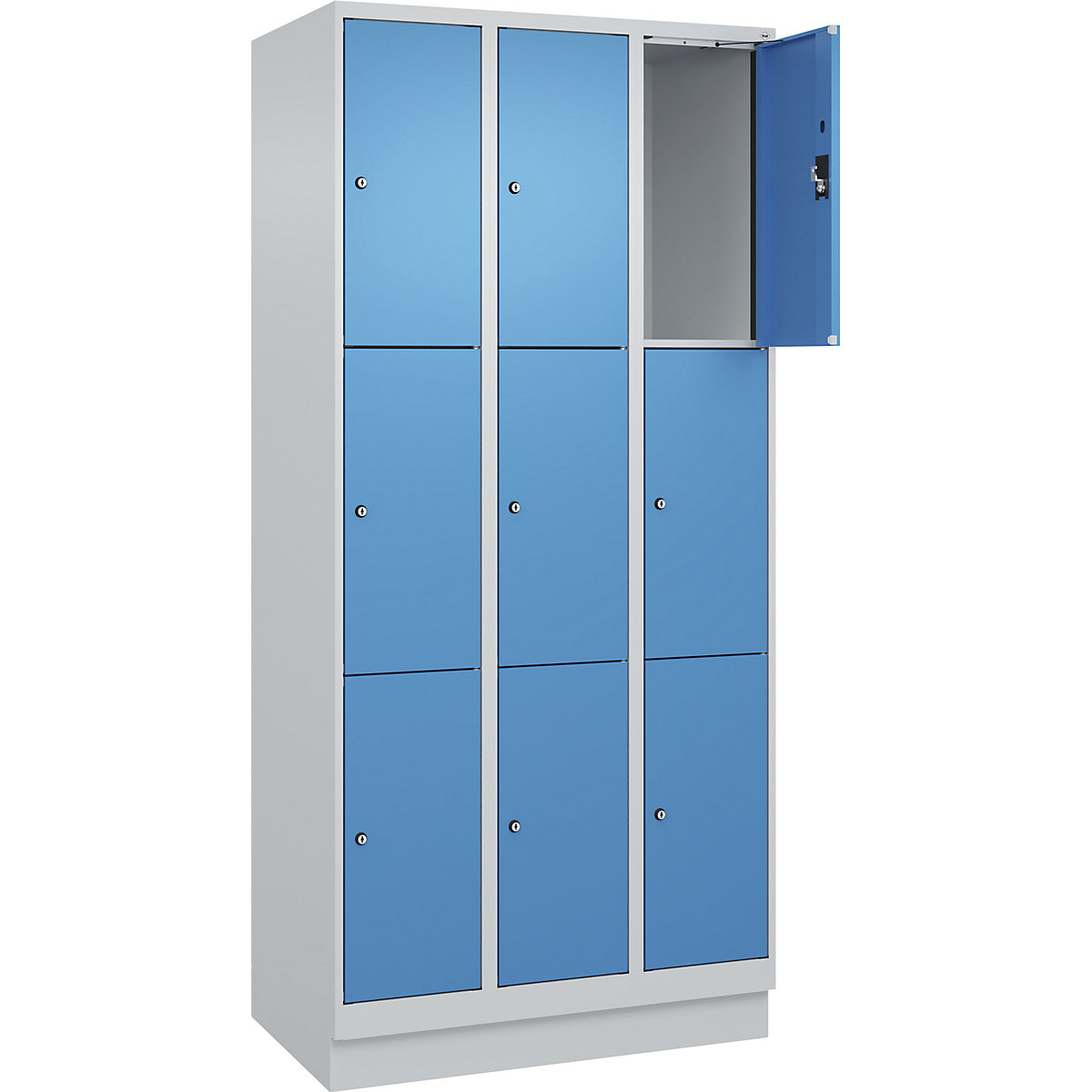 Armadietto a 3 piani Evolo PLUS, 3 scomparti, grigio chiaro / blu chiaro, largh. 900 mm, 9 vani, con zoccolino, serratura a cilindro-0