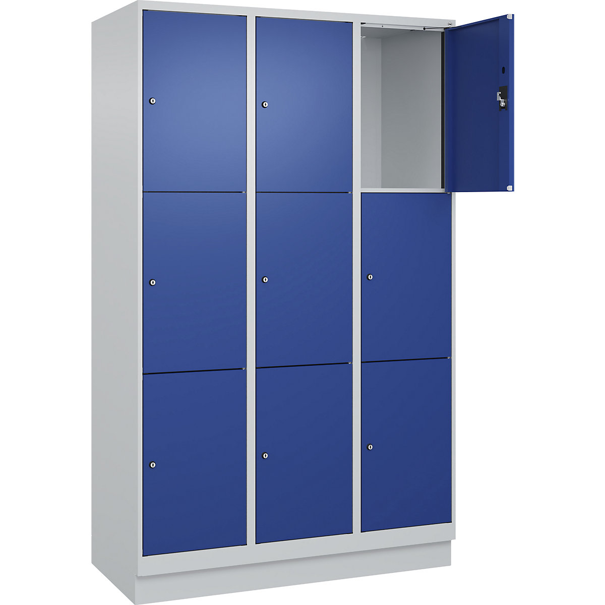 Armadietto a 3 piani Evolo PLUS, 3 scomparti, grigio chiaro / blu genziana, largh. 1200 mm, 9 vani, con zoccolino, serratura a cilindro-0