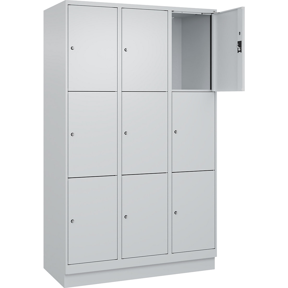 Armadietto a 3 piani Evolo PLUS, 3 scomparti, grigio chiaro, largh. 1200 mm, 9 vani, con zoccolino, serratura a cilindro-0