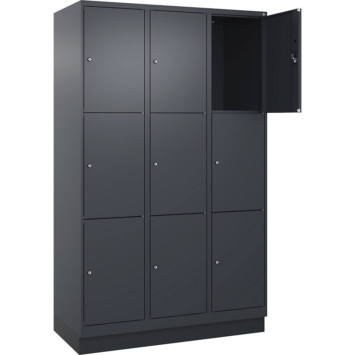 Armadietto a 3 piani Evolo PLUS, 3 scomparti, grigio, largh. 1200 mm, 9 vani, con zoccolino, serratura a cilindro-0