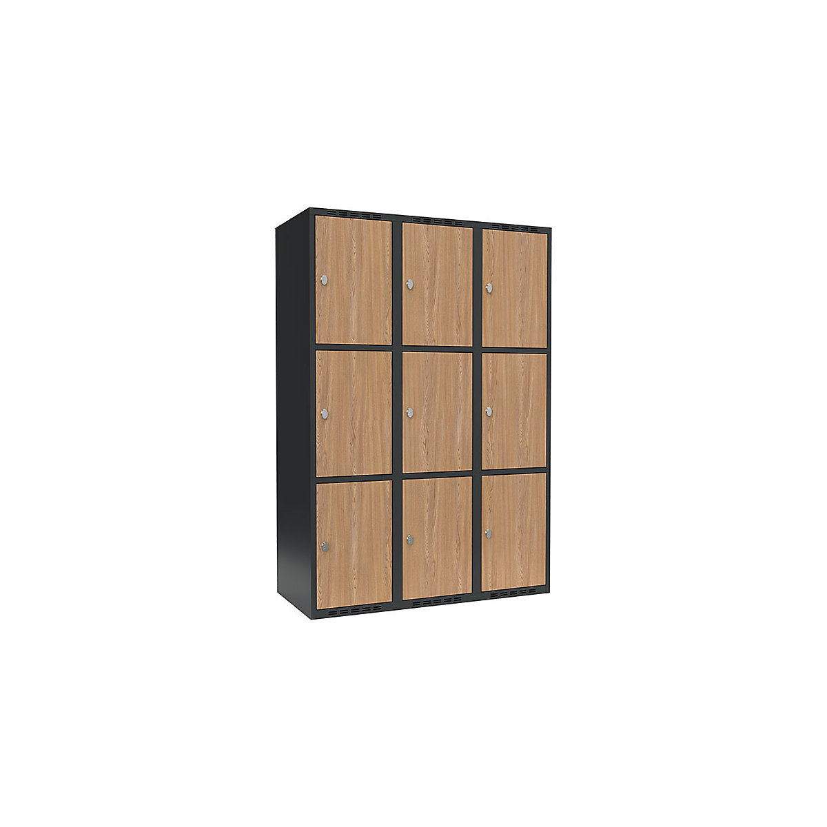 Armadietto a 3 scomparti Fydor, 3 scomparti, grigio / quercia, largh. 1200 mm, 3 scomparti, tetto piano, lucchetto-0