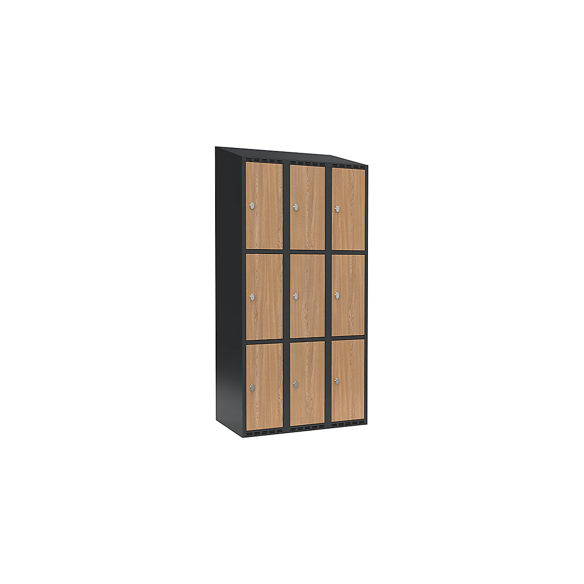 Armadietto a 3 scomparti Fydor, 3 scomparti, grigio / quercia, largh. 900 mm, 3 scomparti, tetto inclinato, lucchetto-0