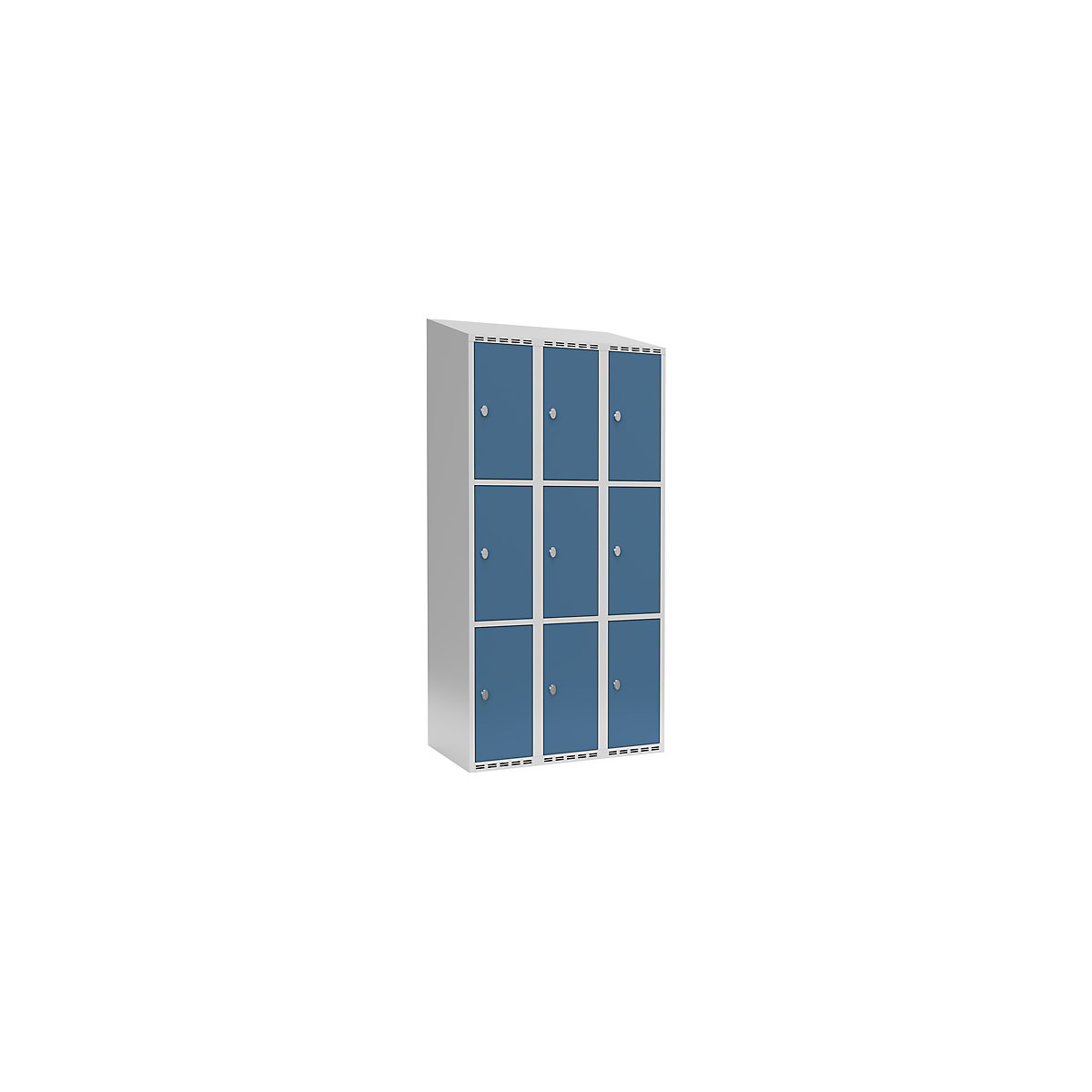 Armadietto a 3 scomparti Fydor, 3 scomparti, grigio chiaro / blu brillante, largh. 900 mm, 3 scomparti, tetto inclinato, lucchetto-0