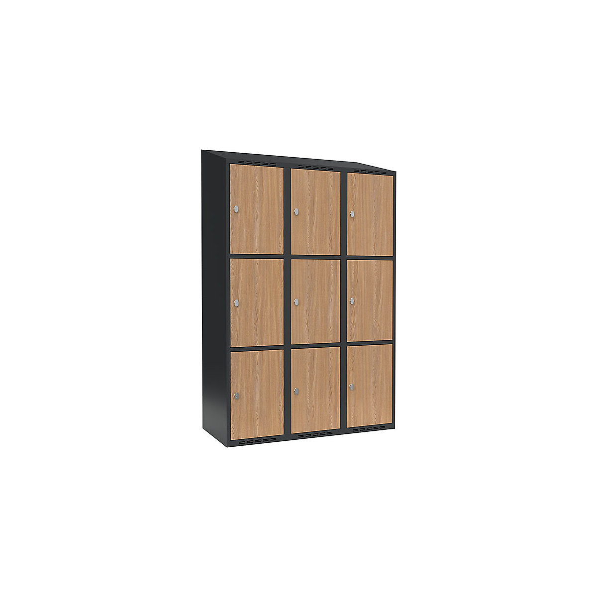 Armadietto a 3 scomparti Fydor, 3 scomparti, grigio / quercia, largh. 1200 mm, 3 scomparti, tetto inclinato, lucchetto-0