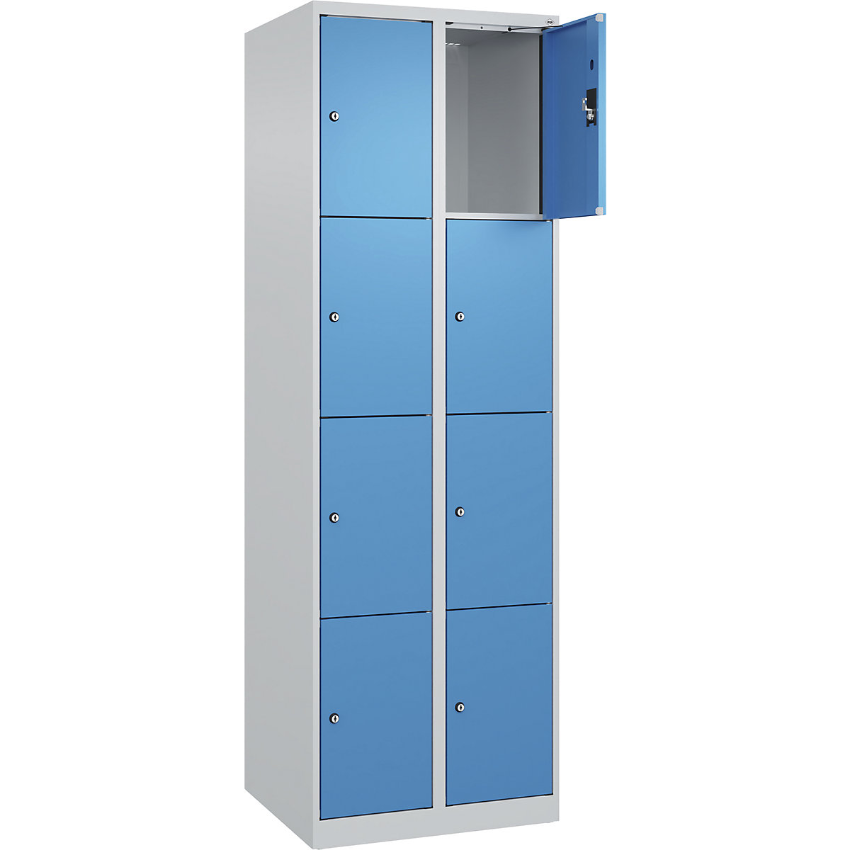 Armadietto a 4 piani Evolo PLUS, 2 scomparti, grigio chiaro / blu chiaro, largh. 600 mm, 8 vani, con piedini a pavimento, serratura a cilindro-0