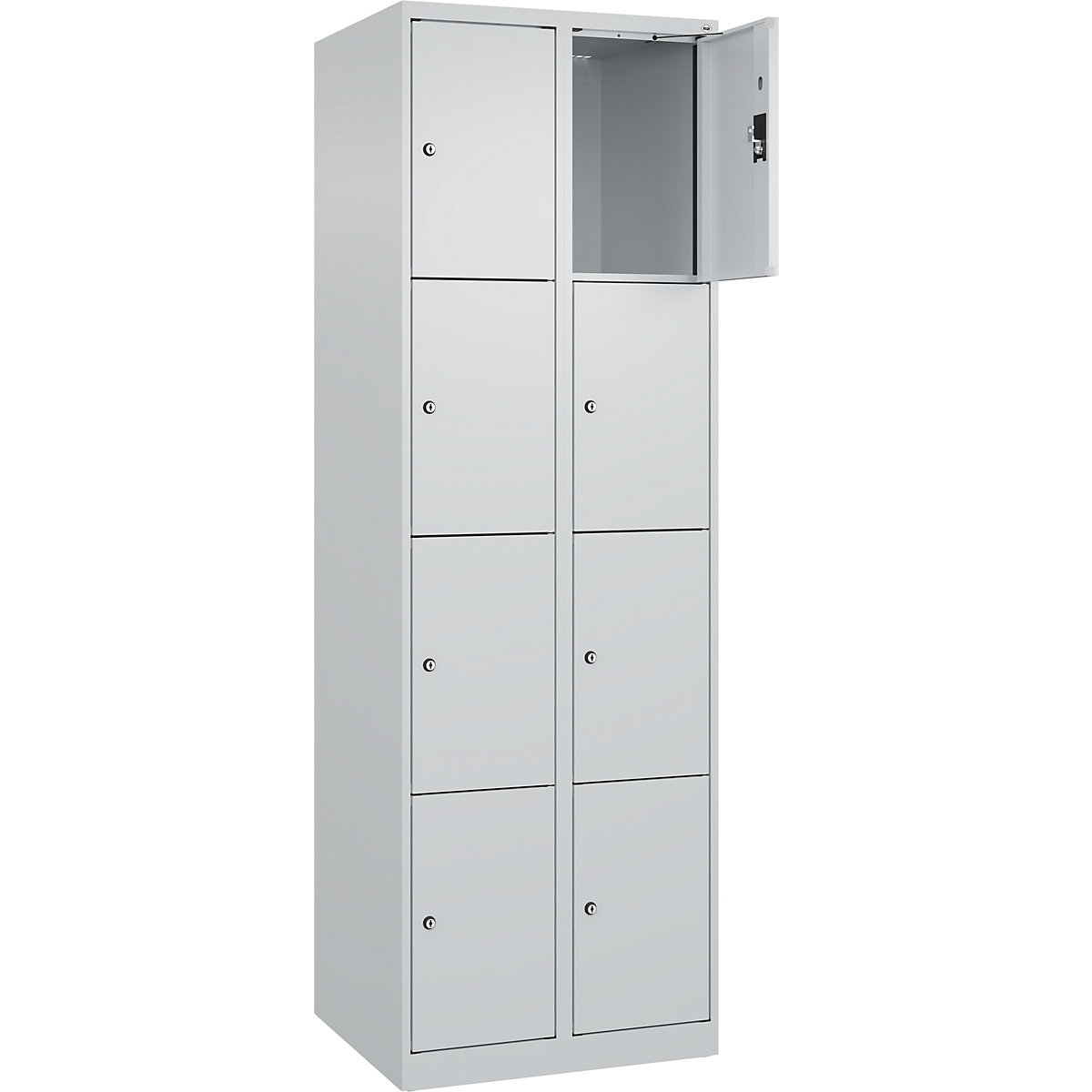 Armadietto a 4 piani Evolo PLUS, 2 scomparti, grigio chiaro, largh. 600 mm, 8 vani, con piedini a pavimento, serratura a cilindro-0