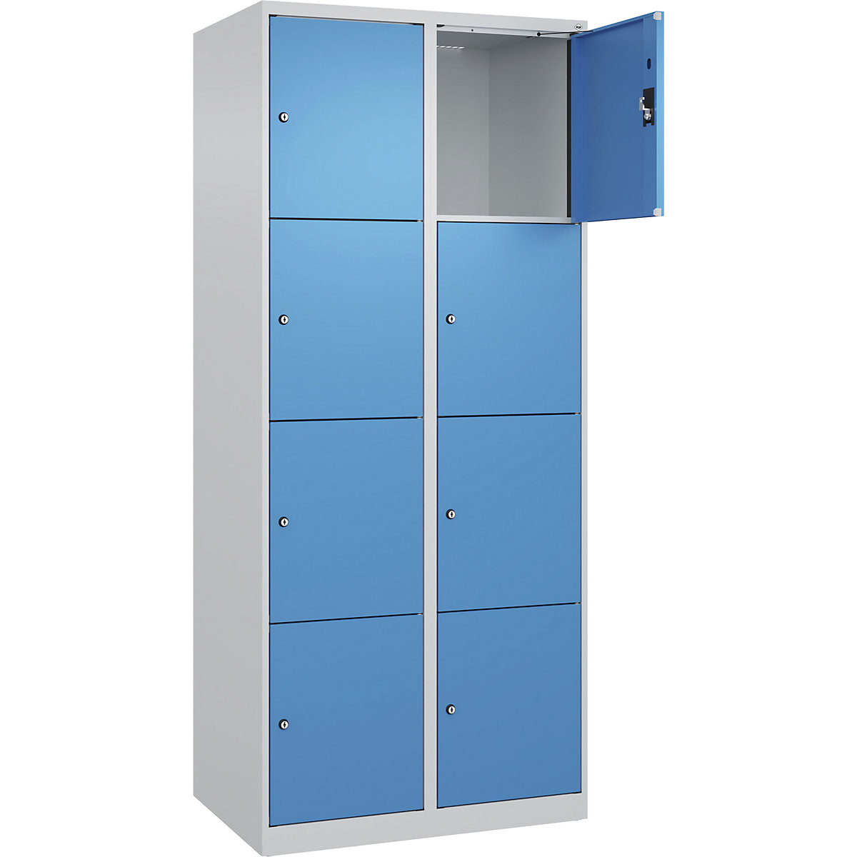 Armadietto a 4 piani Evolo PLUS, 2 scomparti, grigio chiaro / blu chiaro, largh. 800 mm, 8 vani, con piedini a pavimento, serratura a cilindro-0